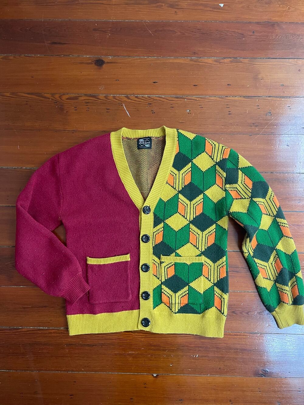 Steady Hands Geometric Colorblock Knit Cardigan Sweater S/M Oversized RARE